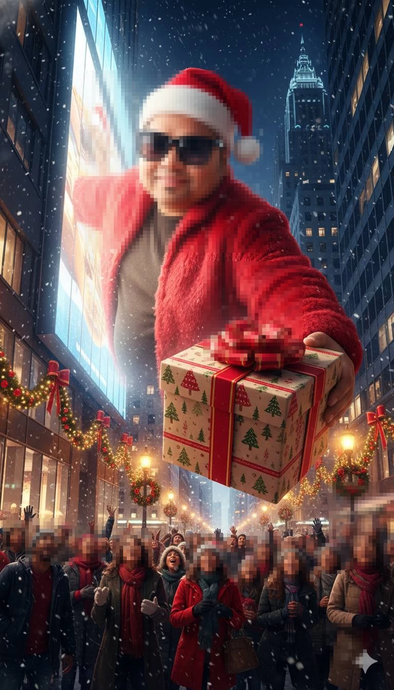 Santa Giving a Christmas Gift to a Happy Crowd on a Festive City Street