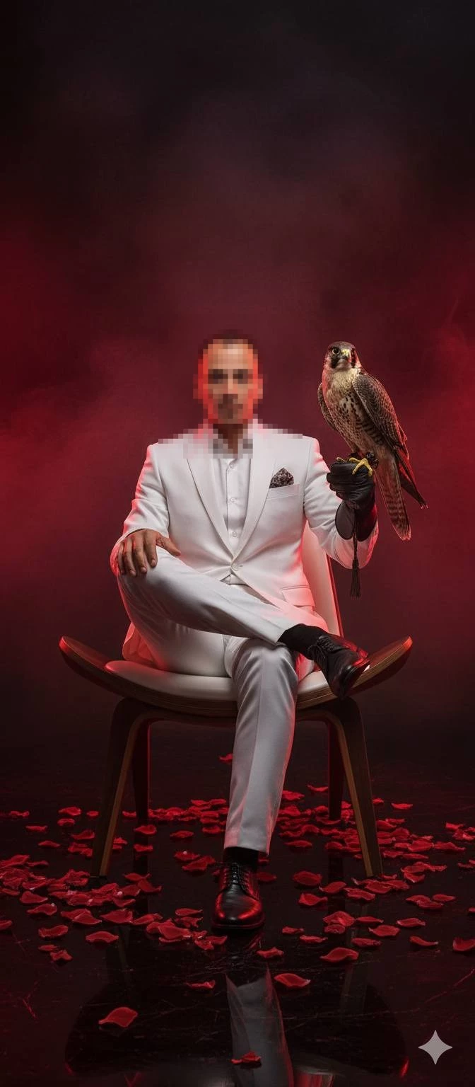 sharply dressed man in a white suit sits on a chair in a dramatic red-lit room