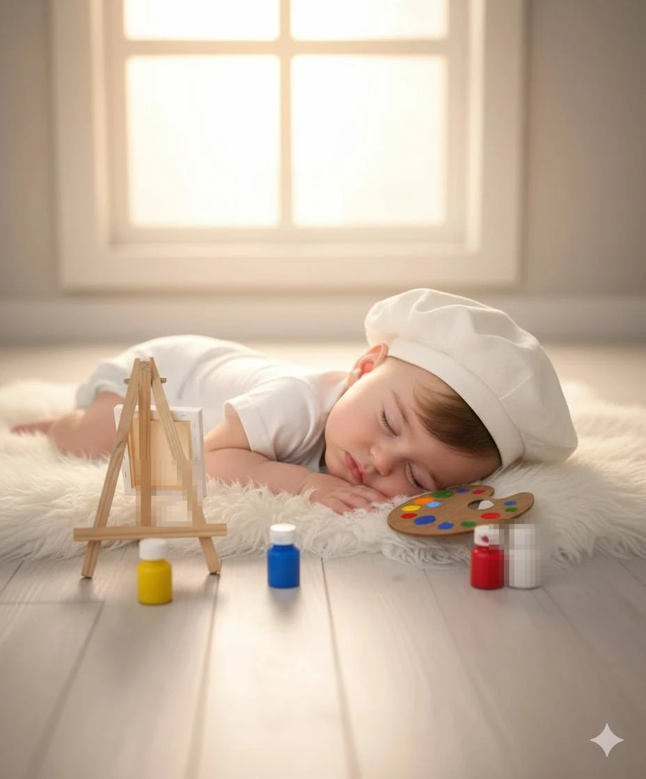 Sleeping Baby Artist with Paints and Easel in Warm Sunlit Room