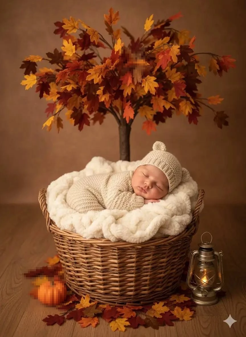 Sleeping Newborn Baby in Basket with Autumn Leaves and Cozy Decorations