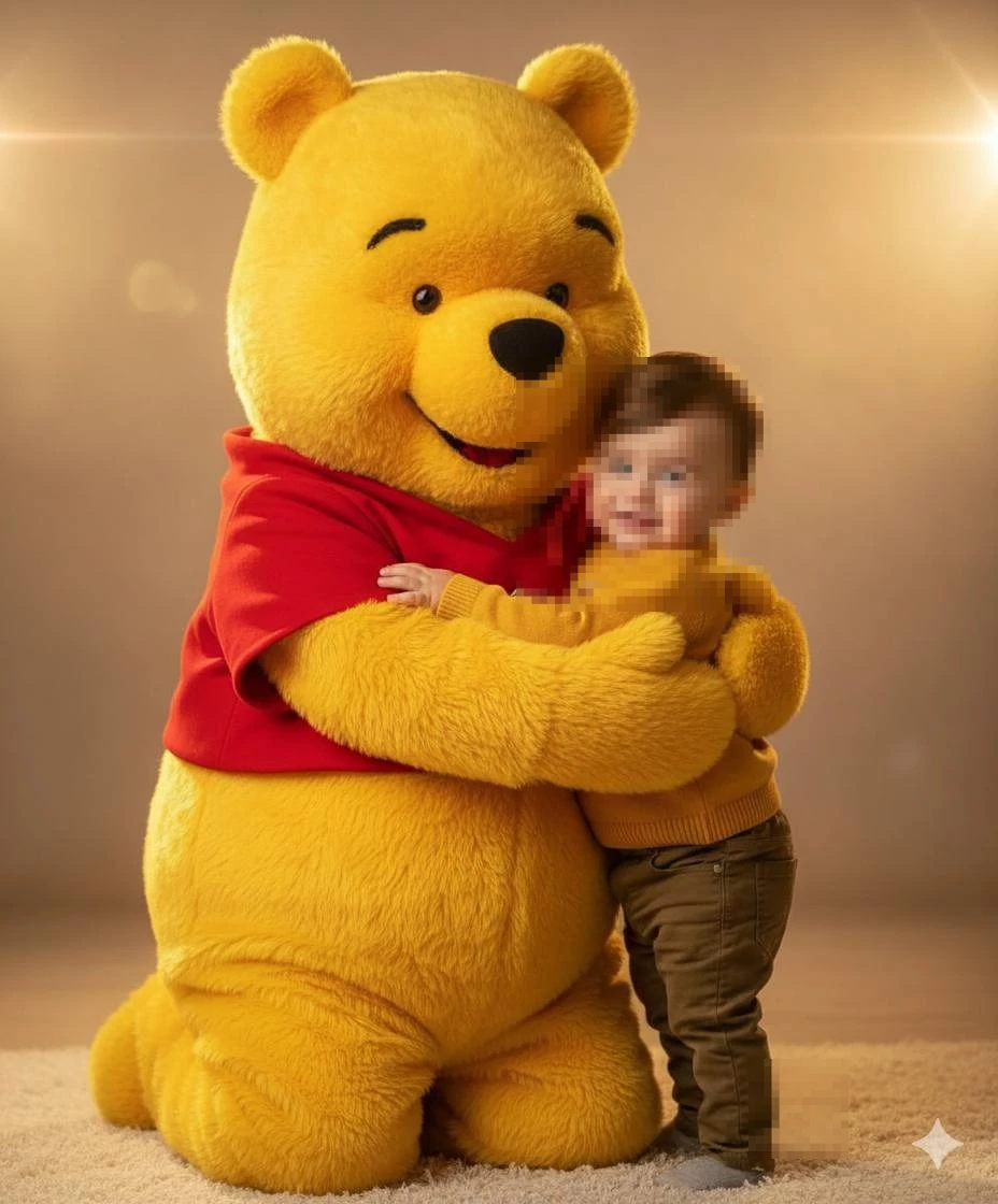 Smiling Baby Hugging Winnie the Pooh in a Warm Studio Setting