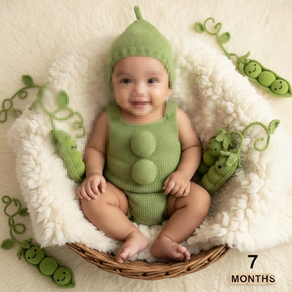 Smiling baby in green pea pod costume sitting in cozy basket at seven months