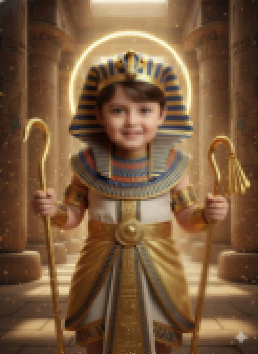 Smiling boy dressed as an ancient Egyptian pharaoh inside a golden temple