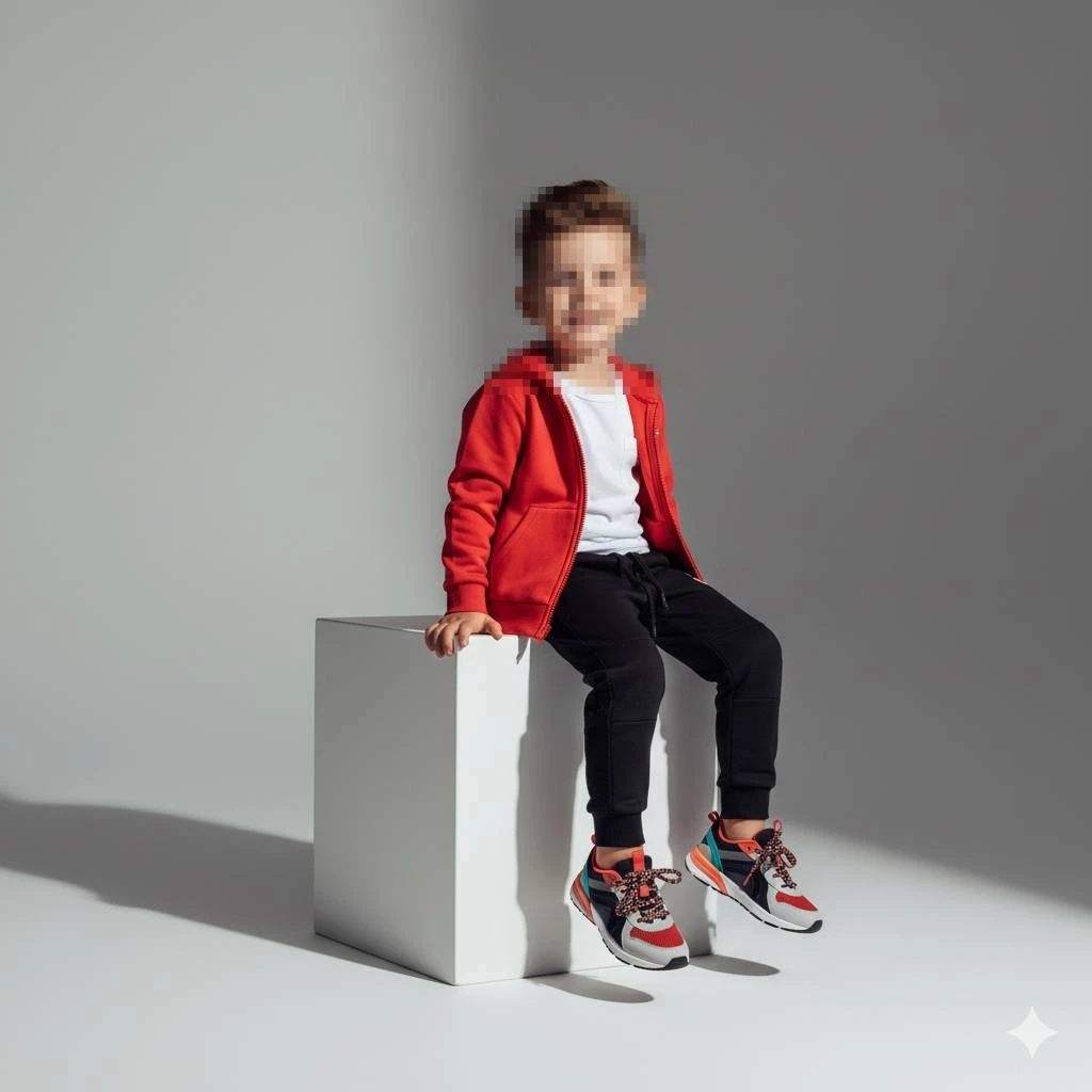Smiling Boy in Red Hoodie and Colorful Sneakers Sitting in Studio
