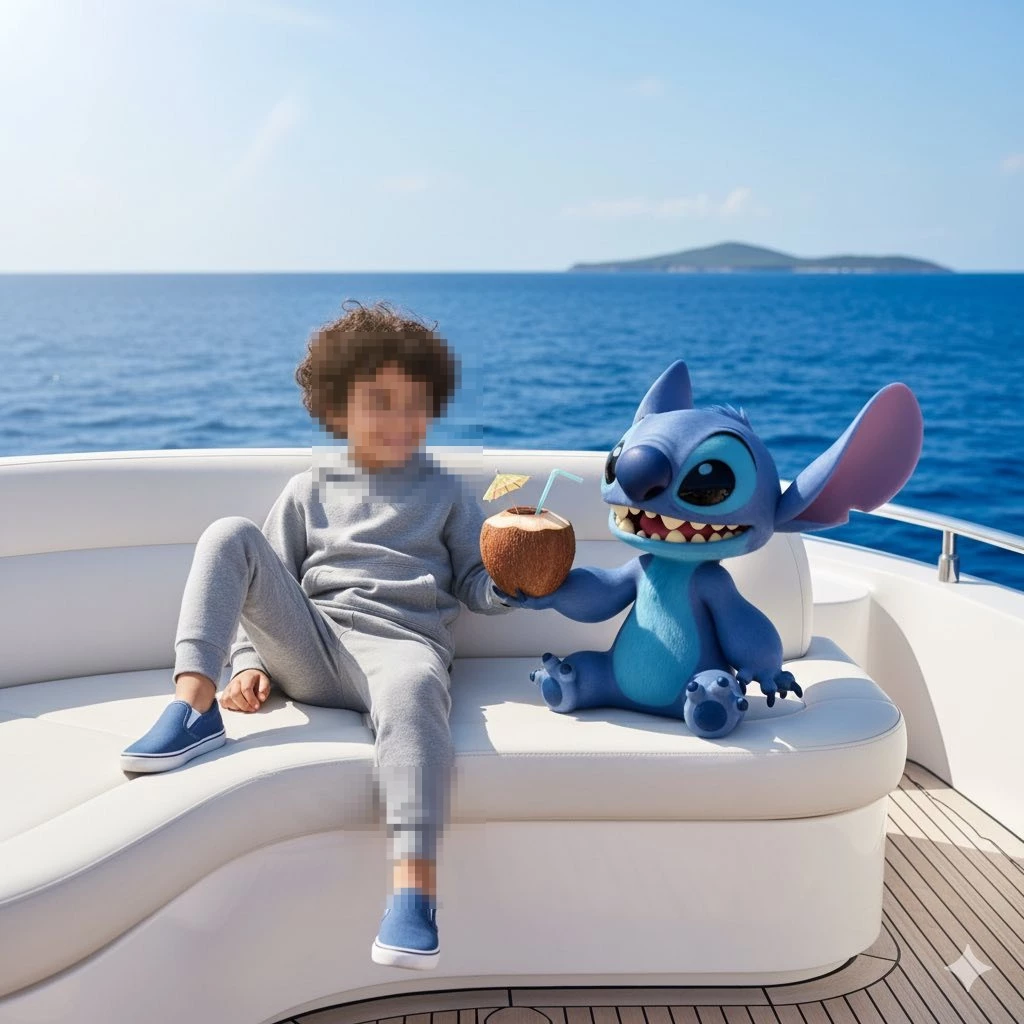 Smiling boy sharing coconut drink with Stitch on a yacht in the ocean