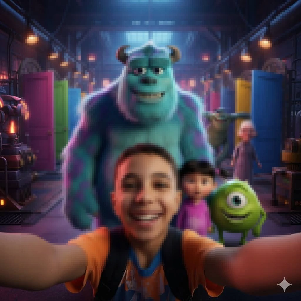 Smiling Boy Taking Selfie with Monsters Inc Characters in Colorful Factory