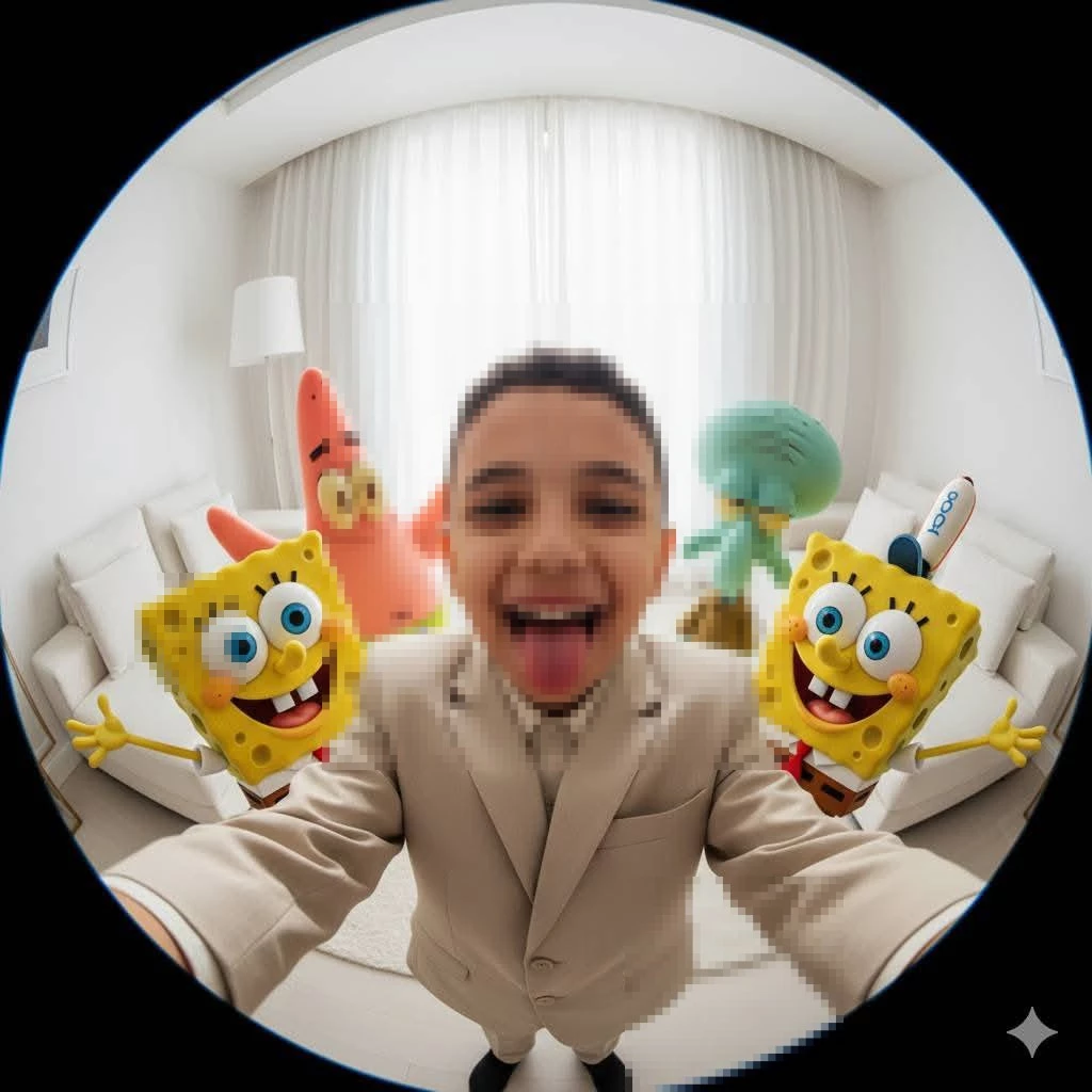 Smiling Boy Taking Selfie with SpongeBob and Patrick in Bright Room