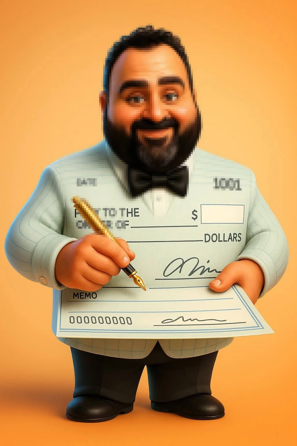 Smiling Cartoon Man Signing a Large Check with a Golden Pen