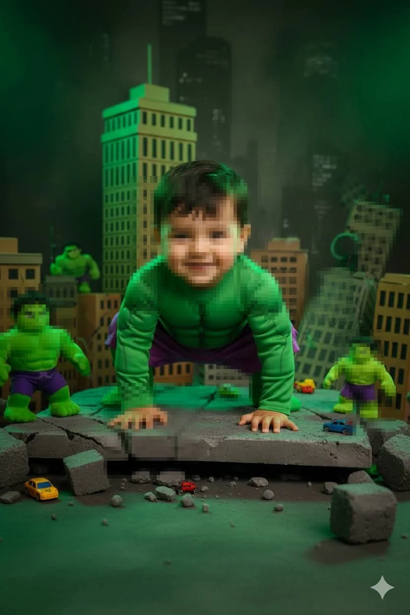 Smiling Child Dressed as Hulk with Green Costume and City Destruction Background