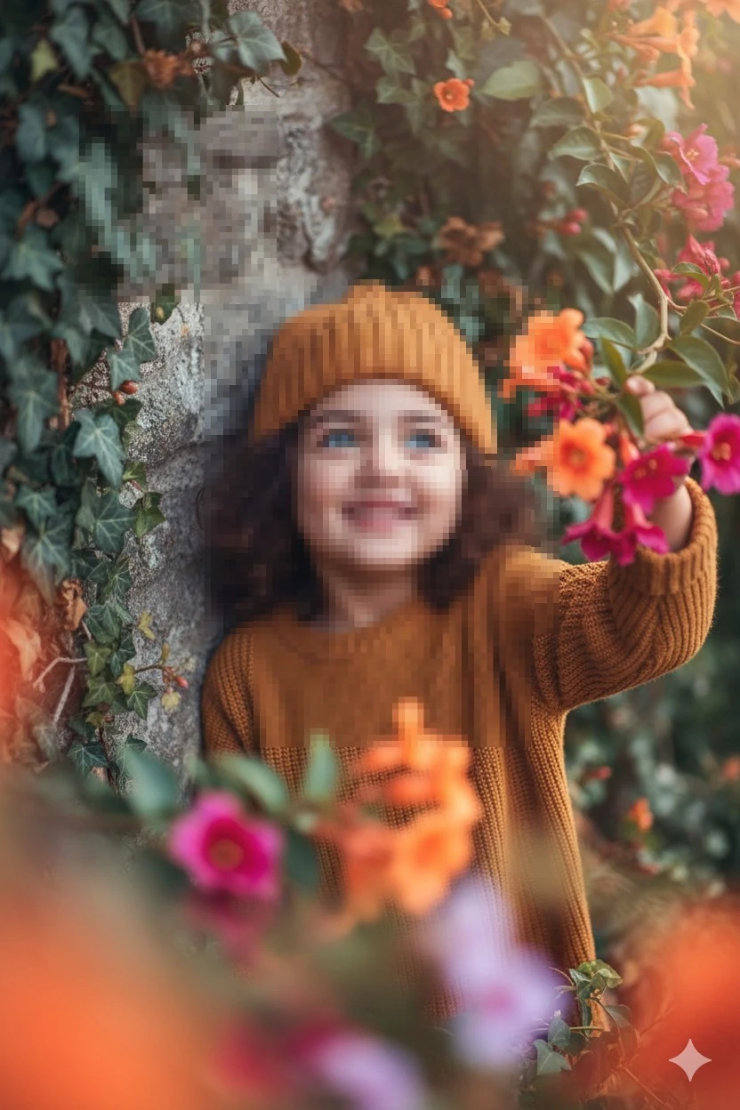Smiling Child in Brown Sweater Holding Colorful Flowers in Autumn Garden