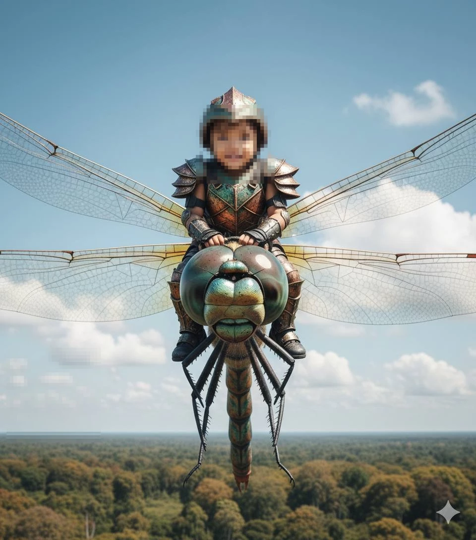 Smiling child in fantasy armor riding a giant dragonfly above a lush forest