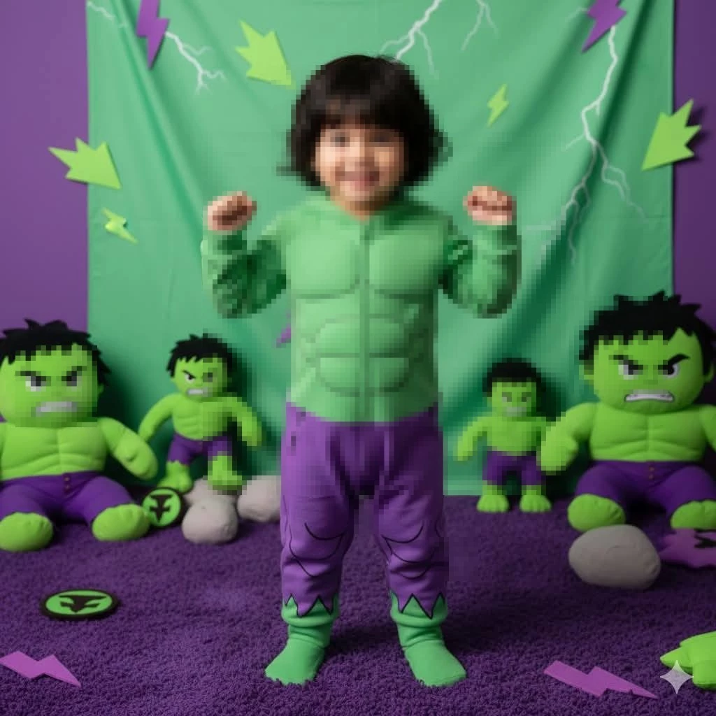 Smiling Child in Hulk Costume Posing with Plush Toys in Colorful Room