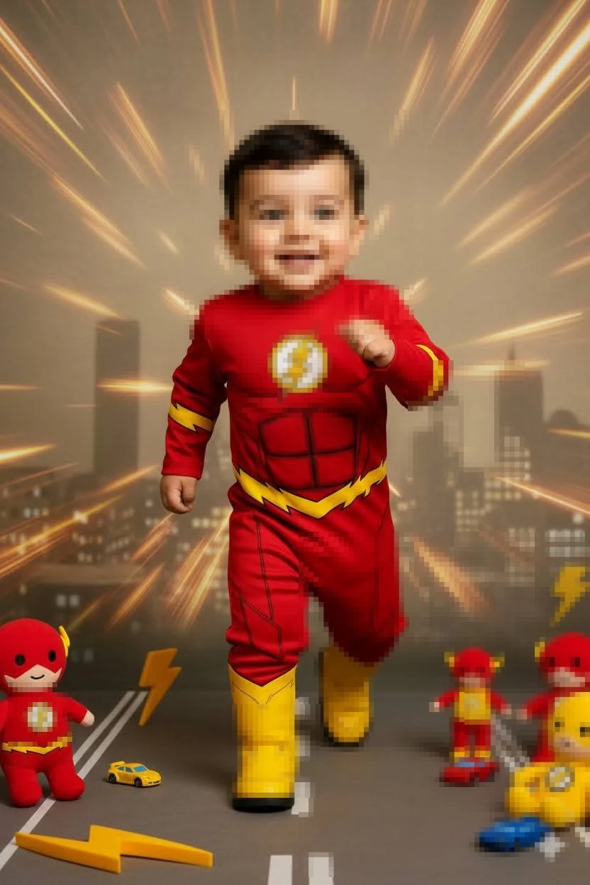 Smiling Child in The Flash Superhero Costume Running with Toys and Lightning Effects