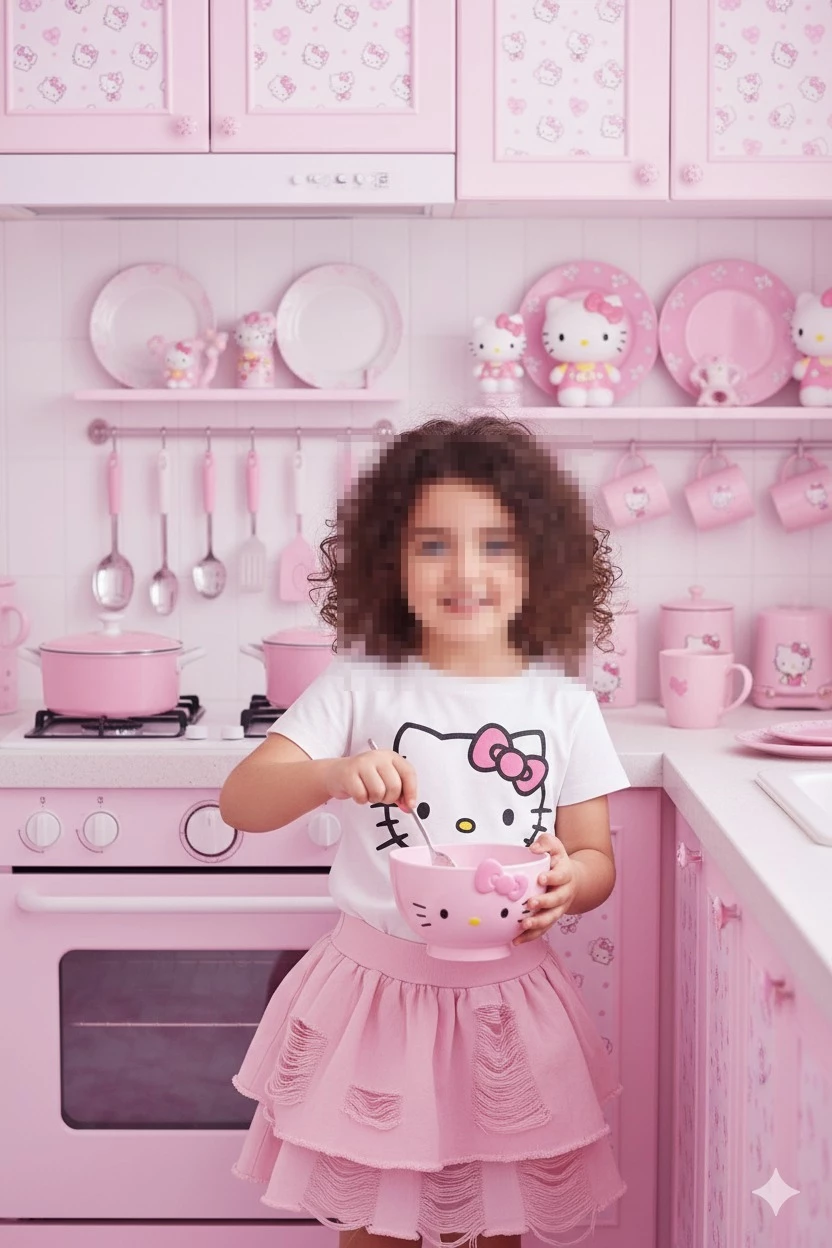 Smiling Girl Cooking in Pink Hello Kitty Themed Kitchen
