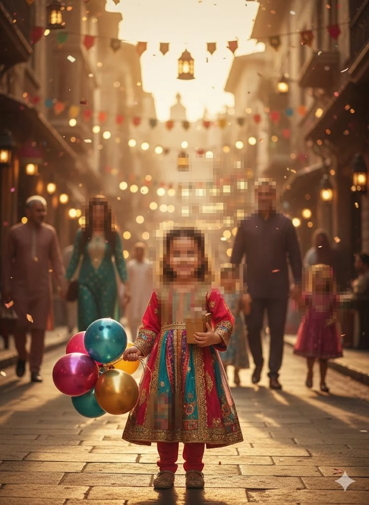 Smiling Girl Holding Balloons During Festive Celebration in Colorful Street
