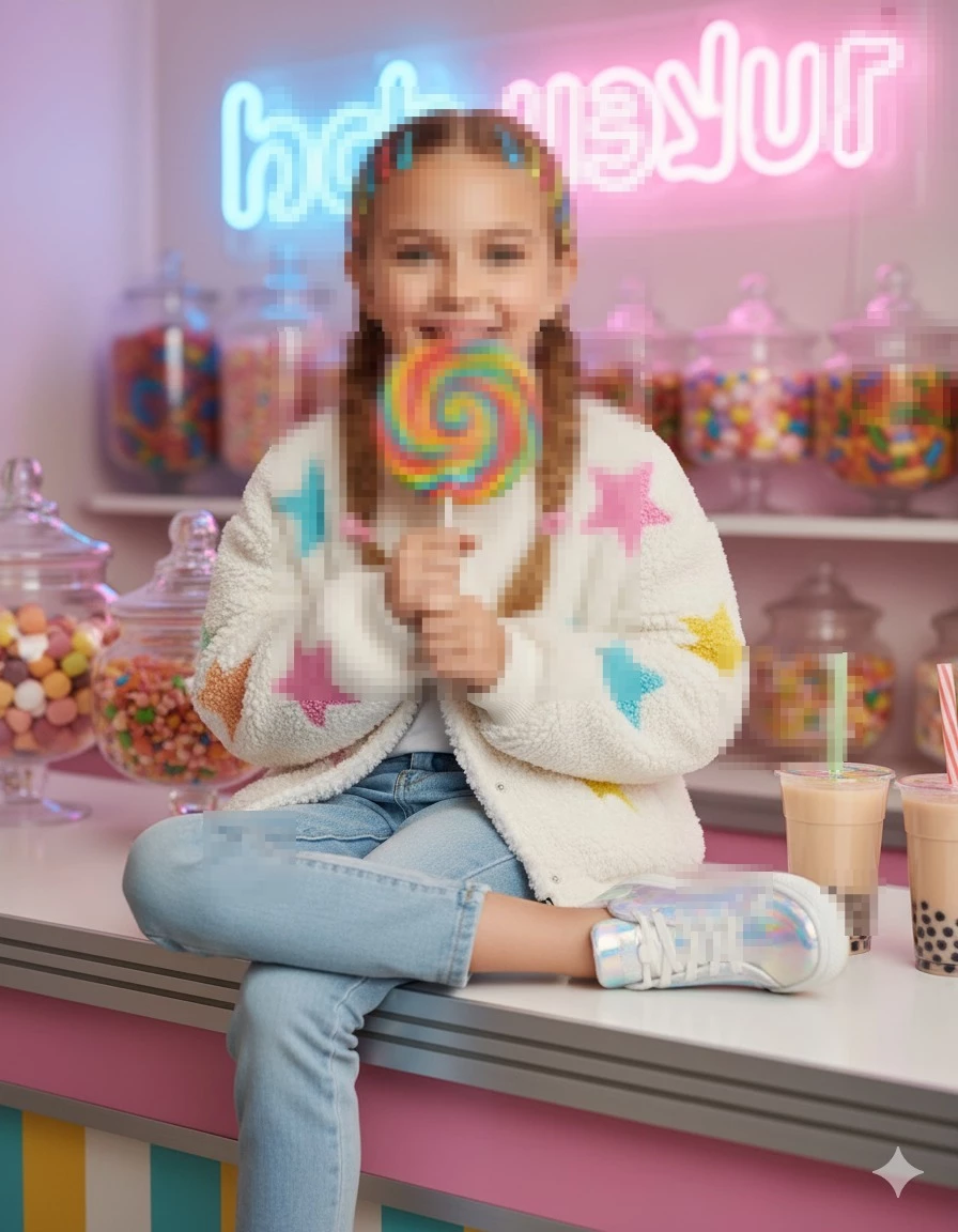 Smiling Girl Holding Rainbow Lollipop in Colorful Candy Shop