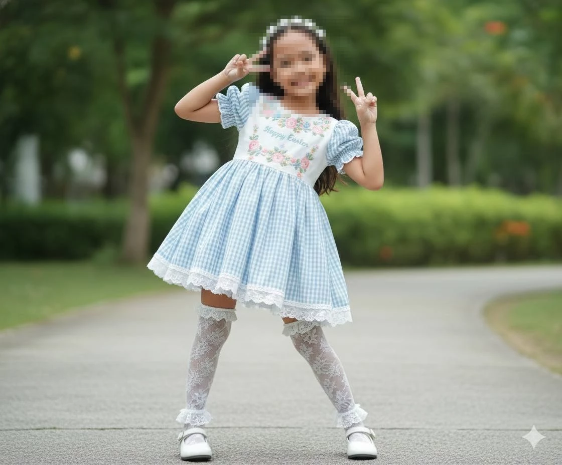 Smiling girl in blue gingham dress posing playfully in green park