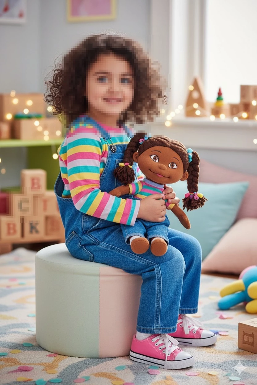 Smiling Girl in Colorful Striped Shirt Holding Doll in Cozy Playroom