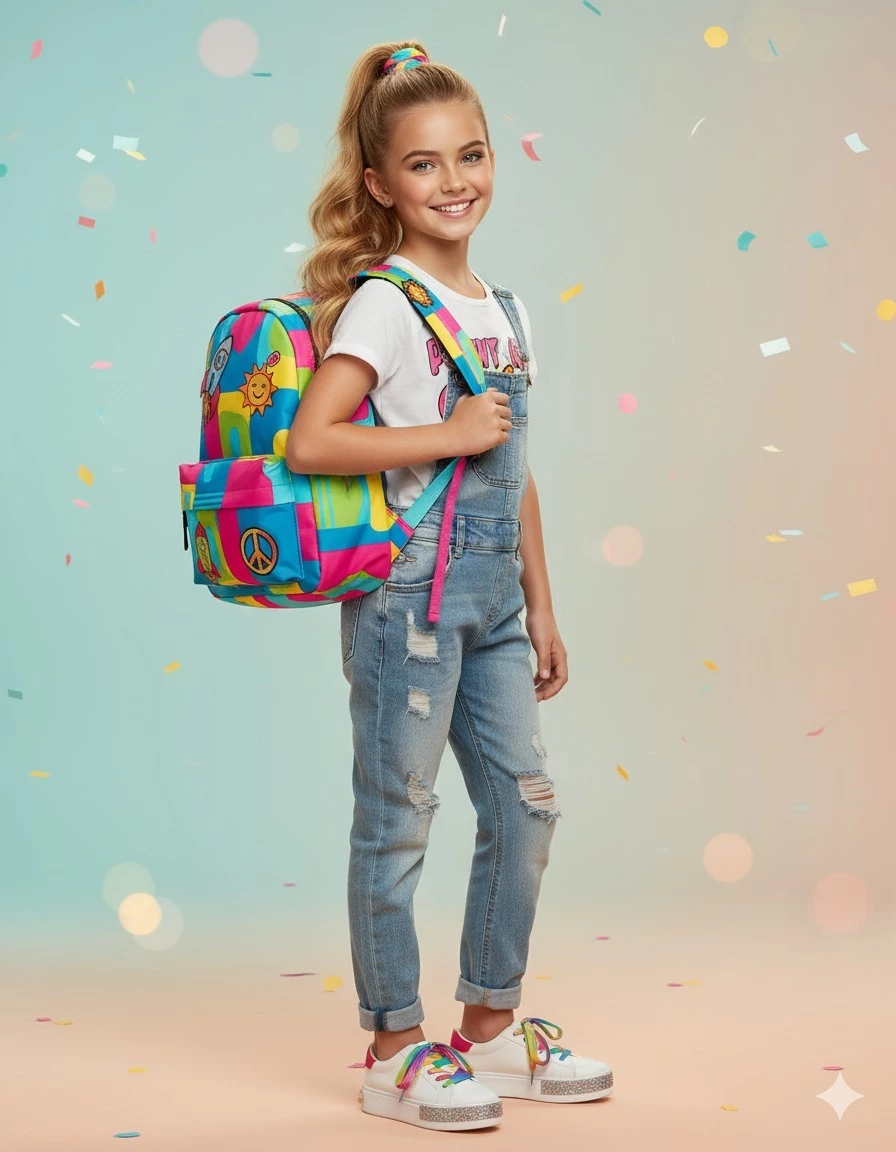 Smiling Girl in Denim Overalls with Colorful Backpack and Confetti Background