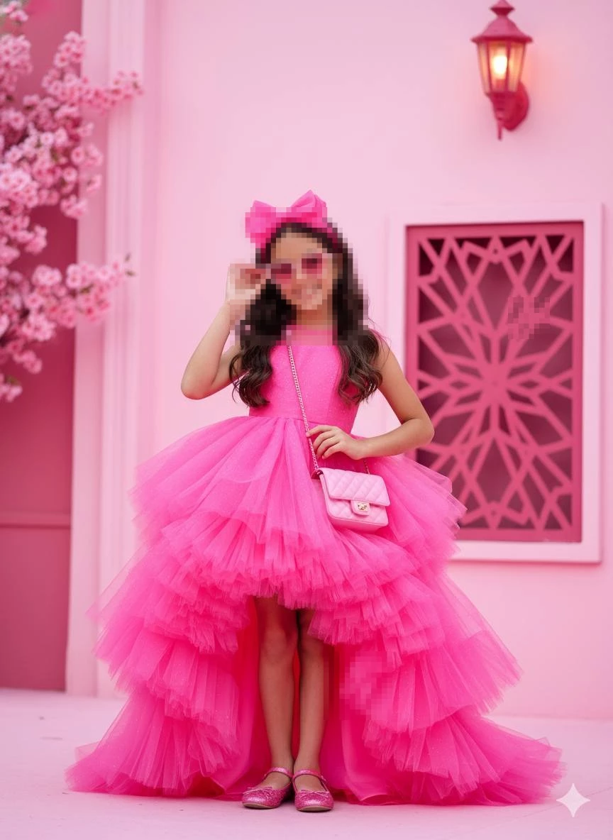 Smiling girl in elegant pink dress with bow and heart sunglasses in pink setting