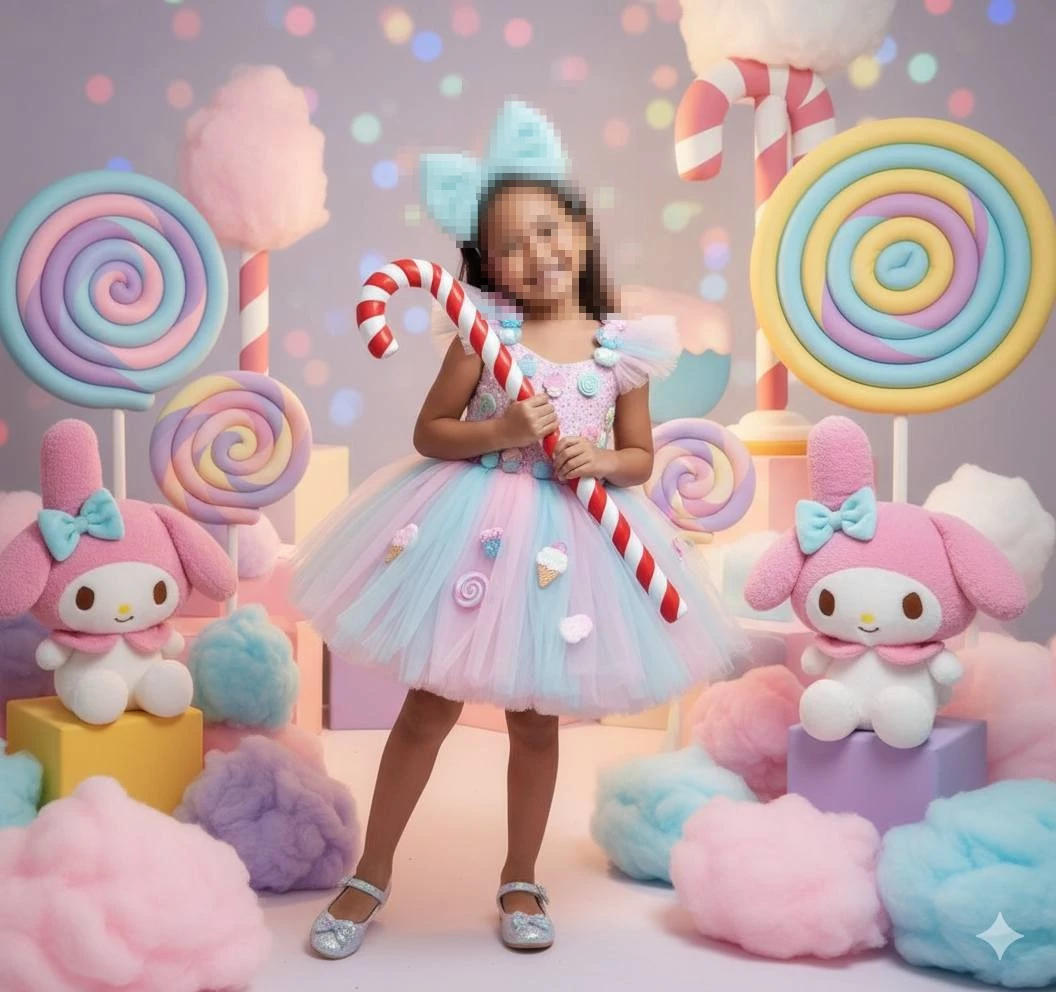 Smiling girl in pastel candy themed dress surrounded by lollipops and cotton candy