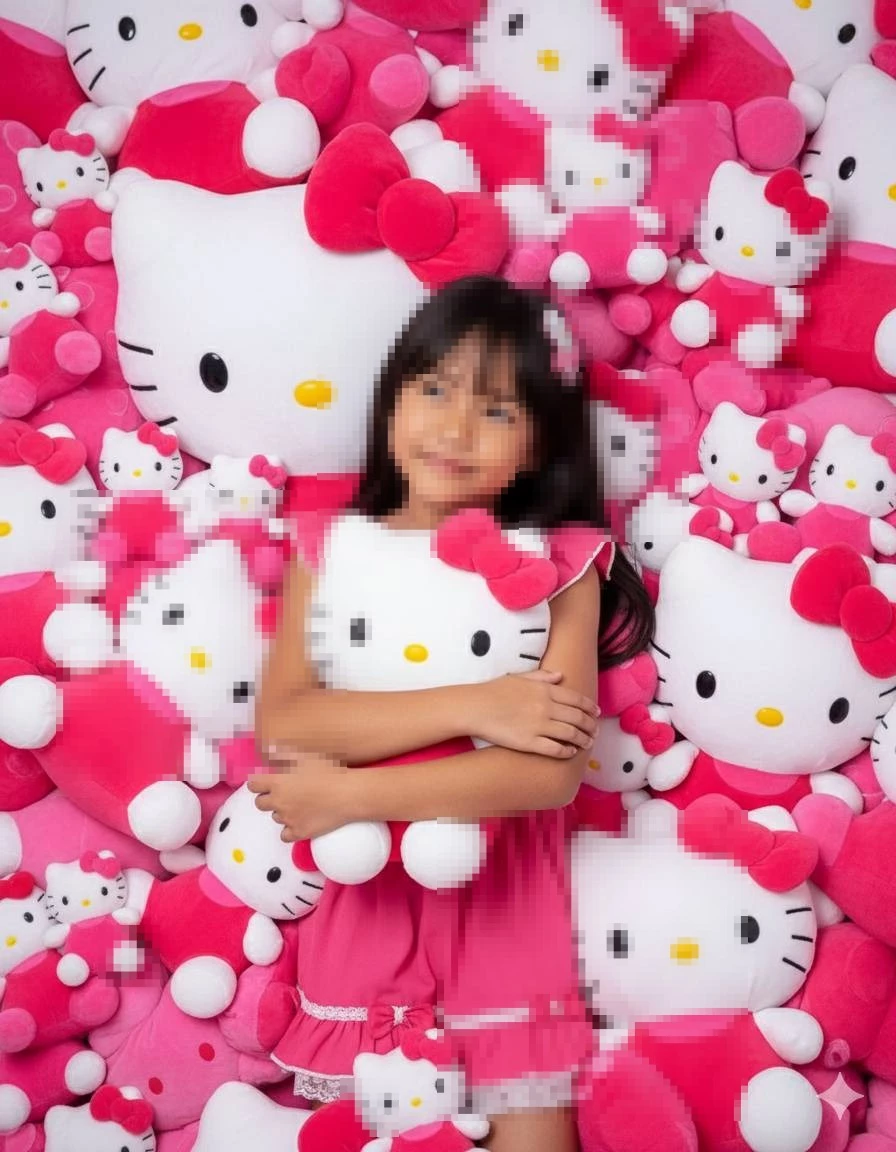 Smiling girl in pink dress surrounded by Hello Kitty plush toys