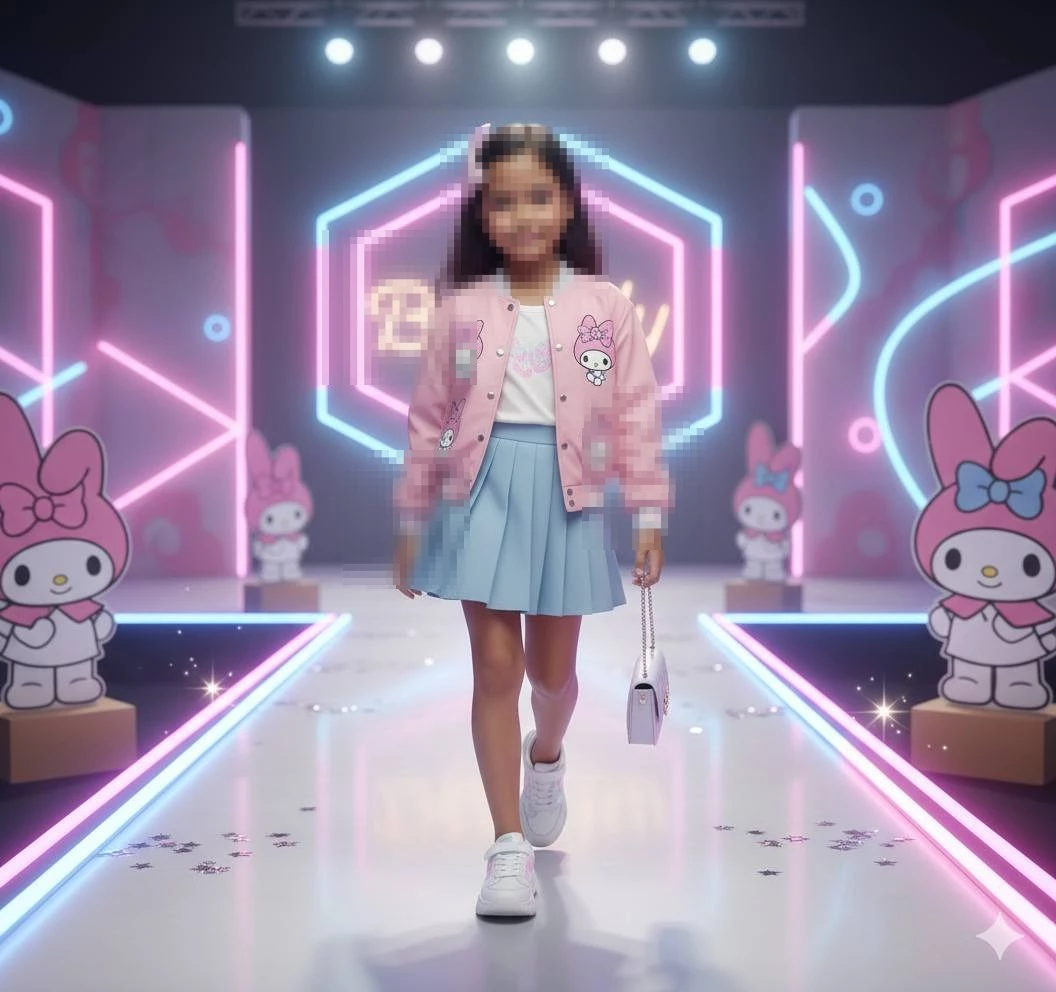 Smiling girl in pink My Melody jacket walking on colorful neon fashion runway