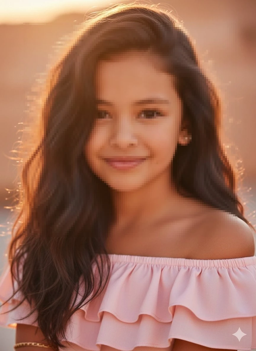Smiling girl in pink off shoulder dress under warm golden sunlight