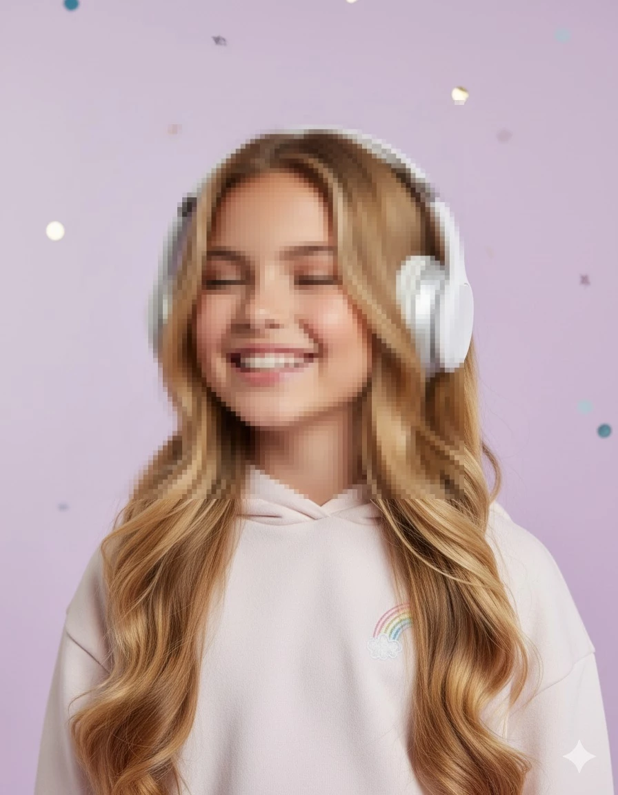Smiling Girl Listening to Music with White Headphones on Purple Background
