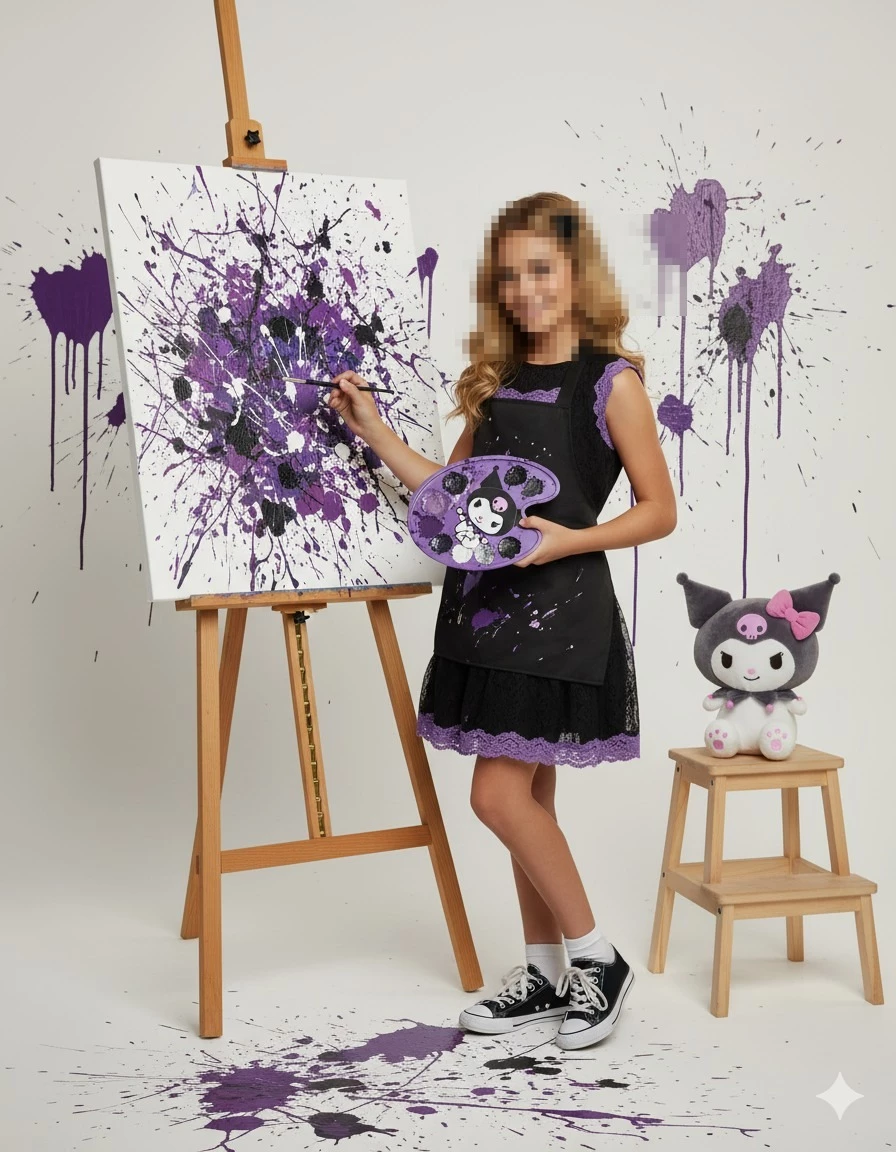 Smiling Girl Painting Abstract Art with Purple and Black Colors in Studio