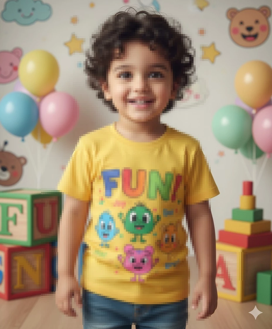 Smiling Little Boy in Yellow Fun T Shirt Standing in Colorful Playroom