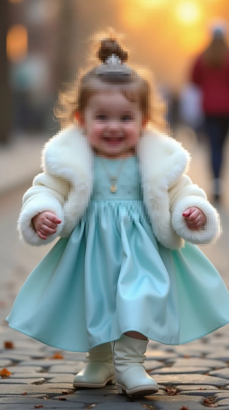Smiling Little Girl in Blue Dress and White Fur Coat Walking Outdoors