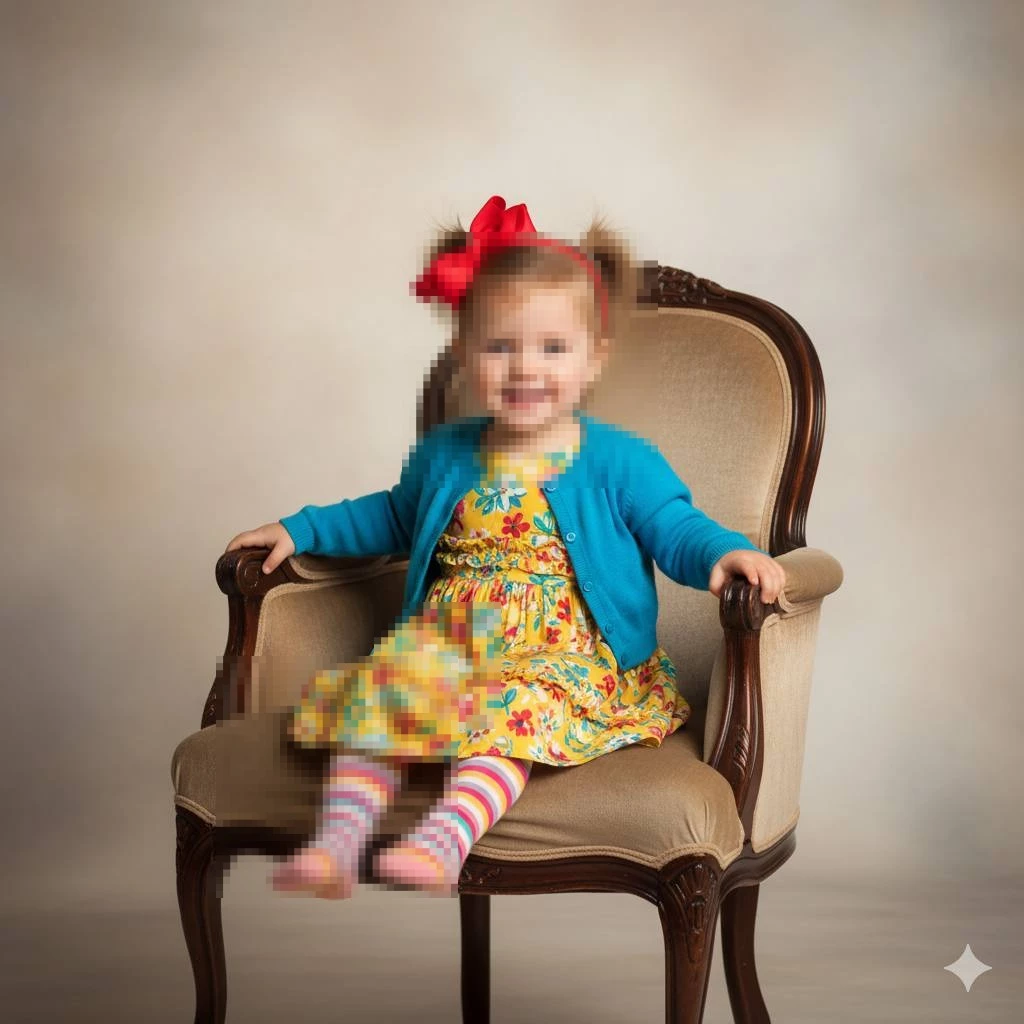 Smiling Little Girl in Colorful Dress Sitting on Vintage Chair