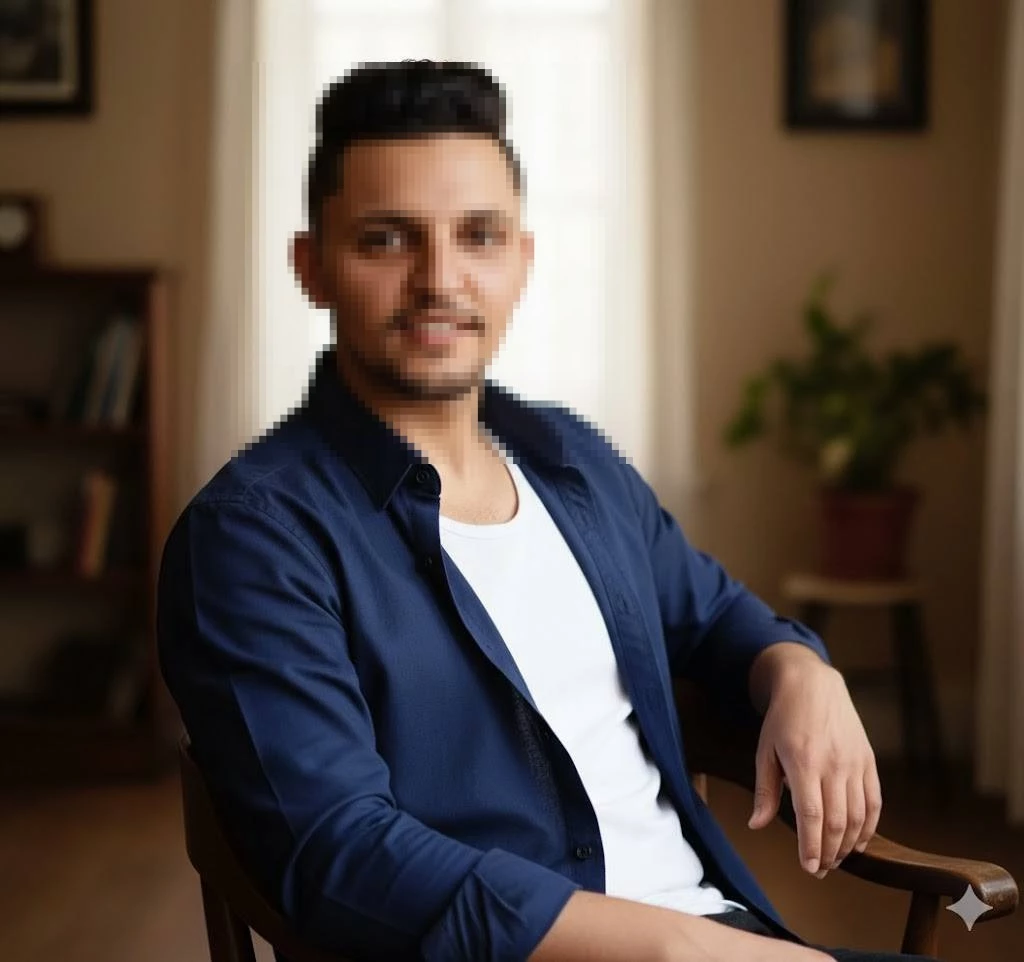 Smiling Man in Blue Shirt Sitting Indoors with Warm Natural Lighting