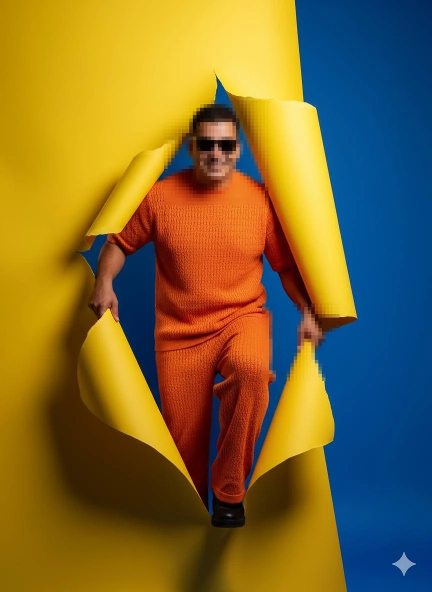 Smiling Man in Orange Outfit Breaking Through Yellow Paper with Blue Background