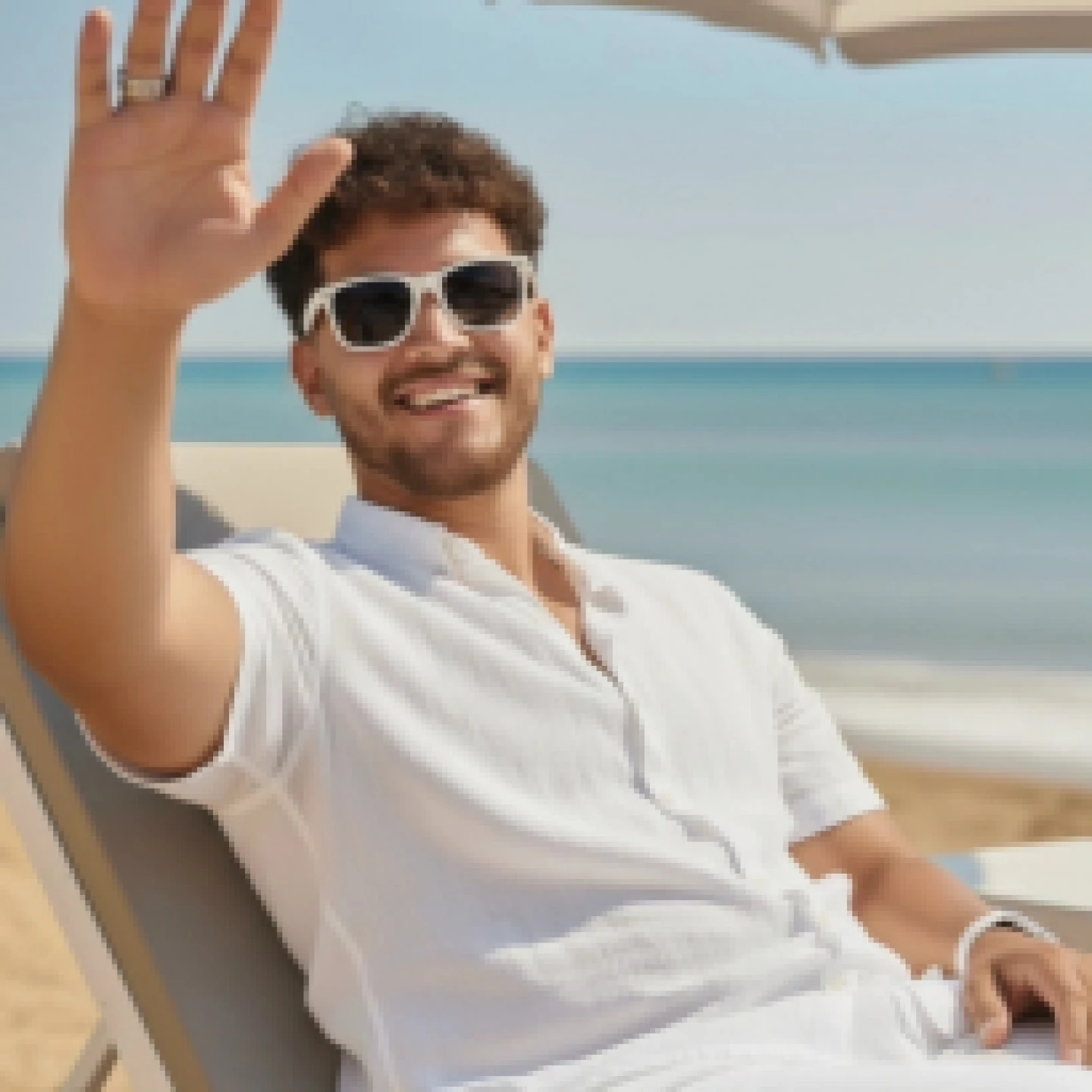 Smiling Man Relaxing on a Sunny Beach in White Summer Outfit