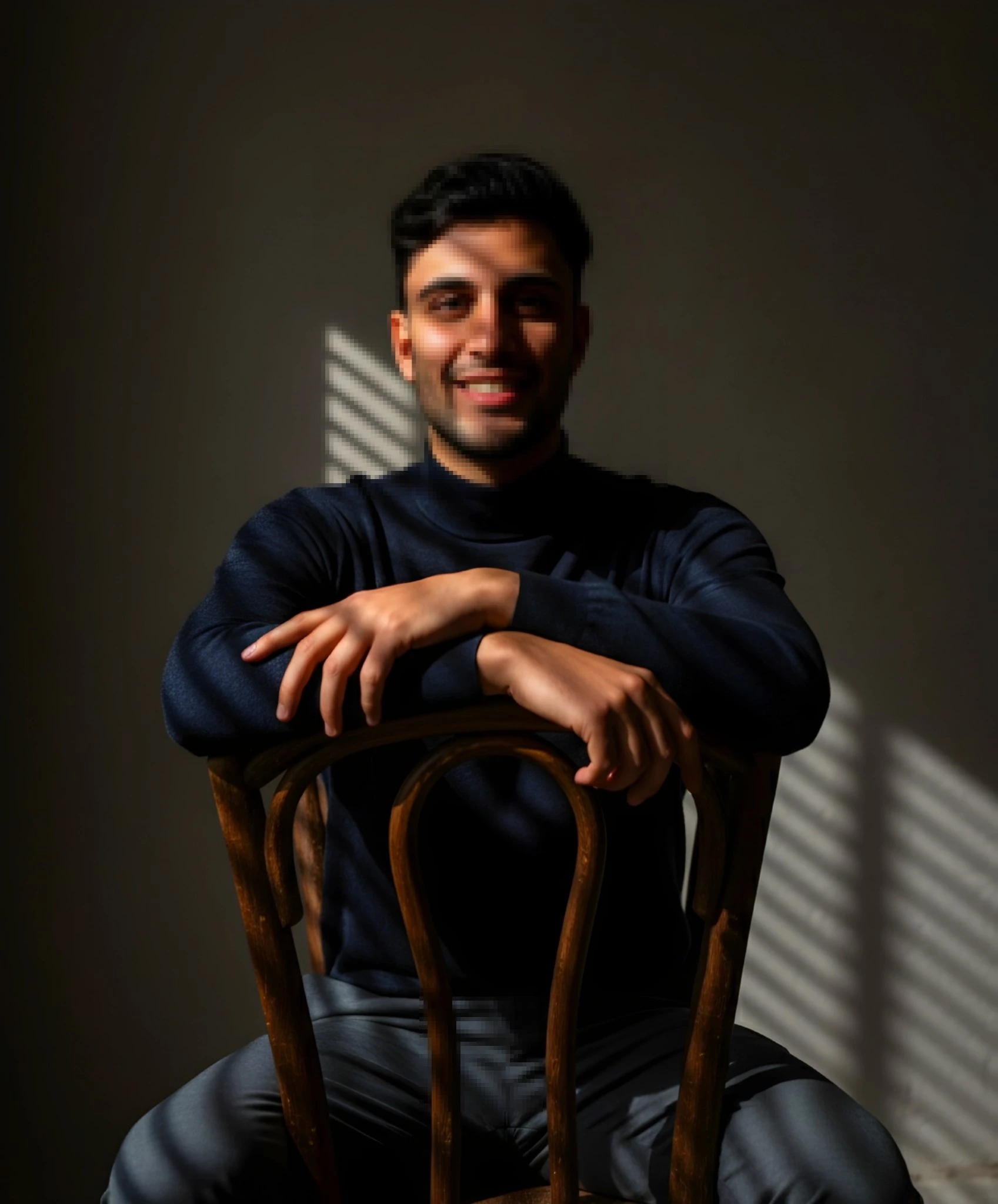 Smiling Man Sitting on Wooden Chair in Soft Natural Light