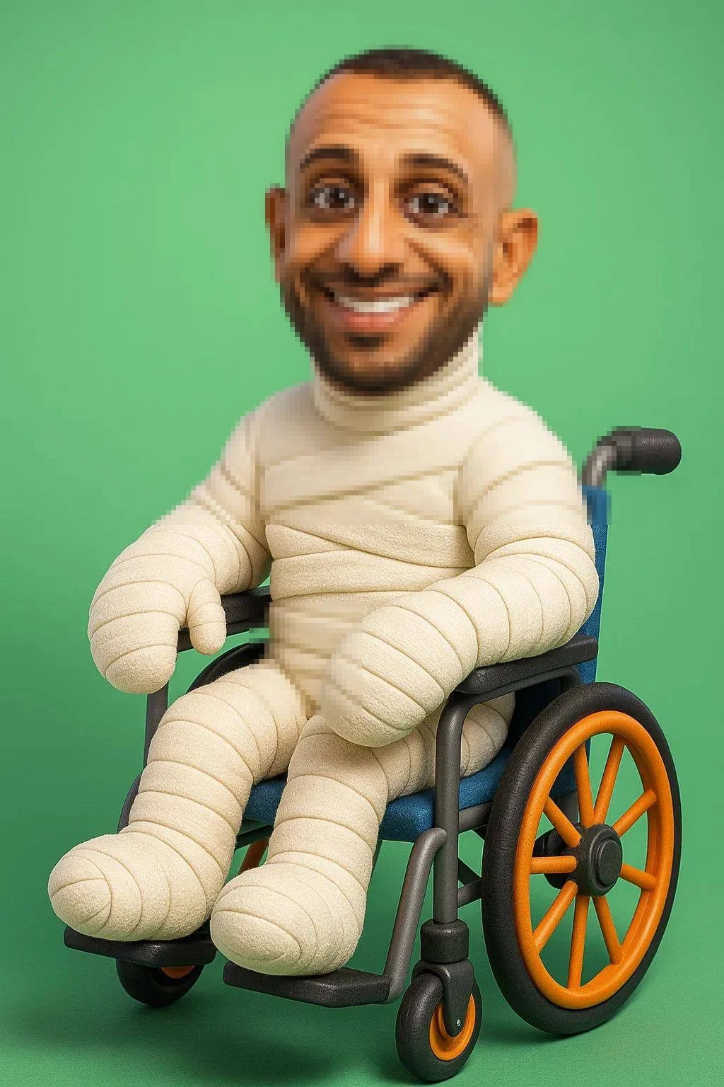Smiling Man Wrapped Like a Mummy Sitting in a Wheelchair on Green Background