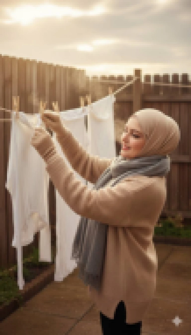 Smiling woman hanging white laundry outdoors on a sunny winter afternoon
