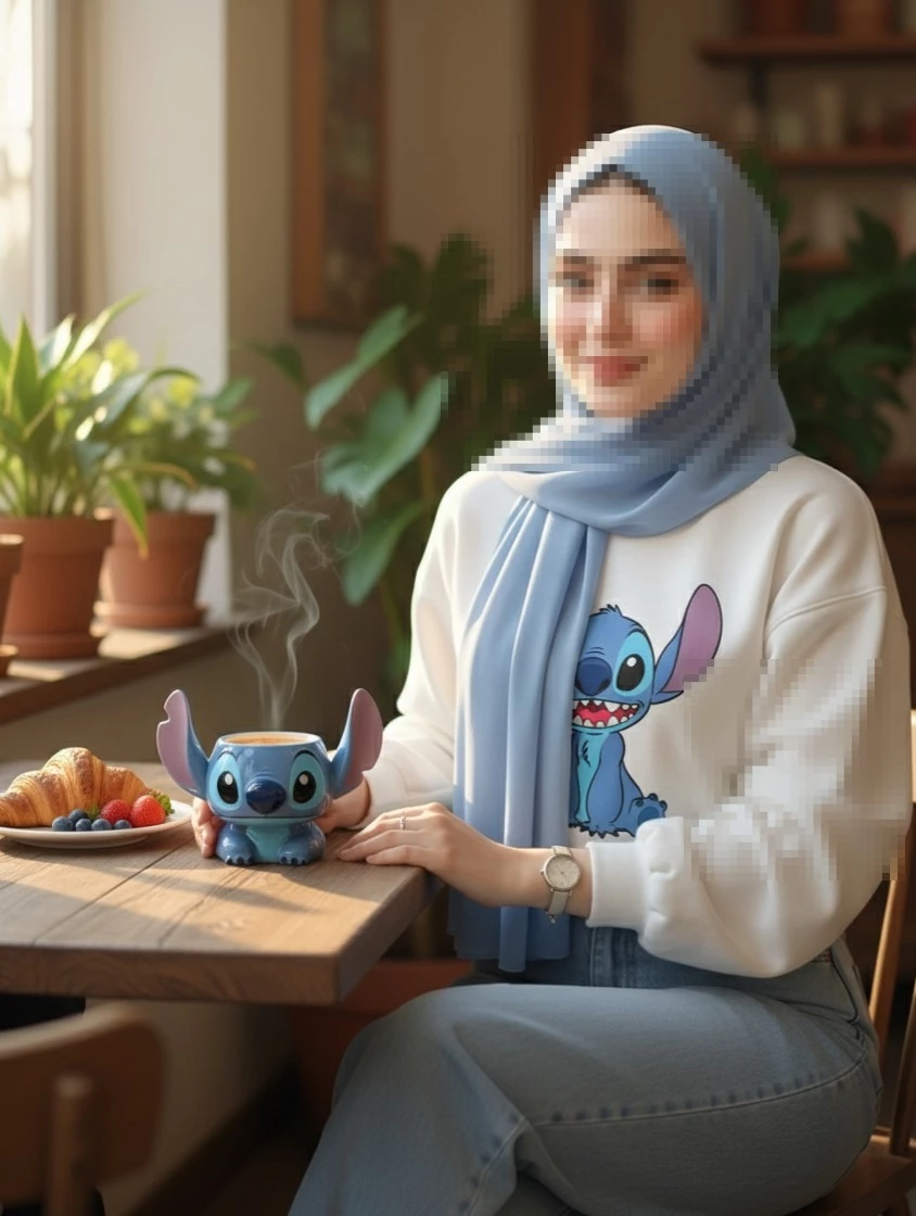 Smiling woman in blue hijab enjoying coffee in cozy morning sunlight