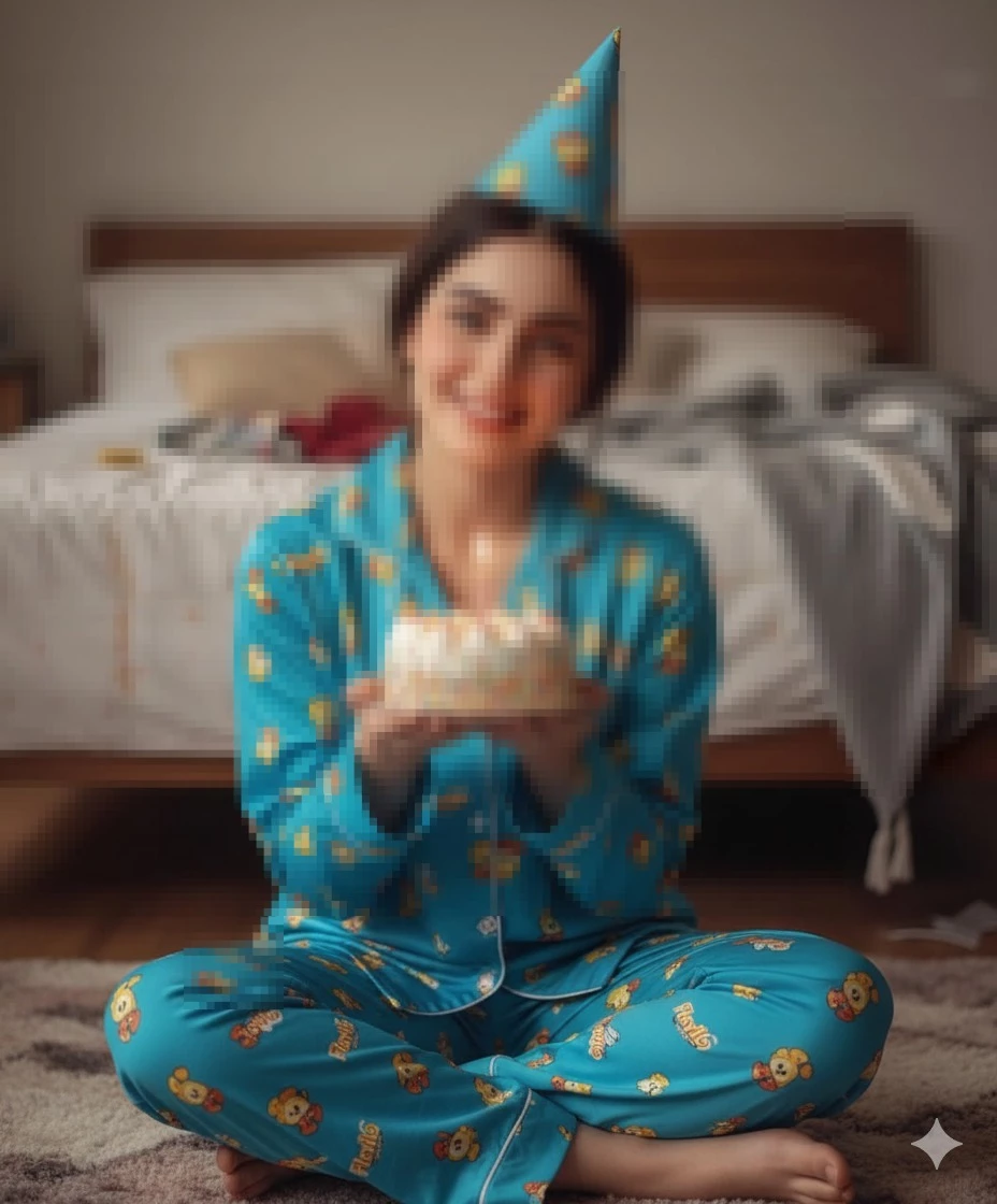 Smiling woman in blue pajamas holding a birthday cake with a lit candle