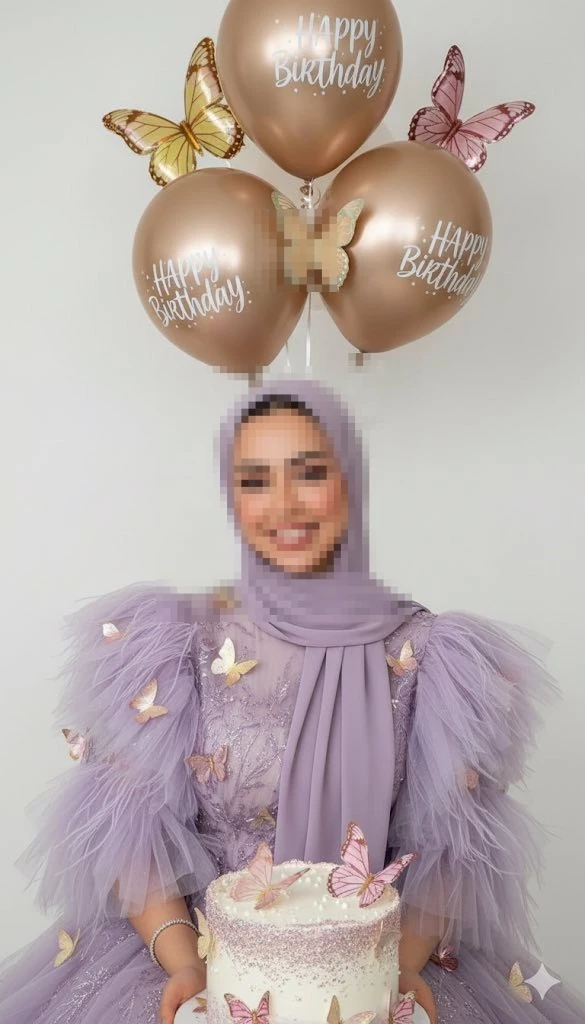 Smiling woman in lavender dress celebrating birthday with butterfly cake
