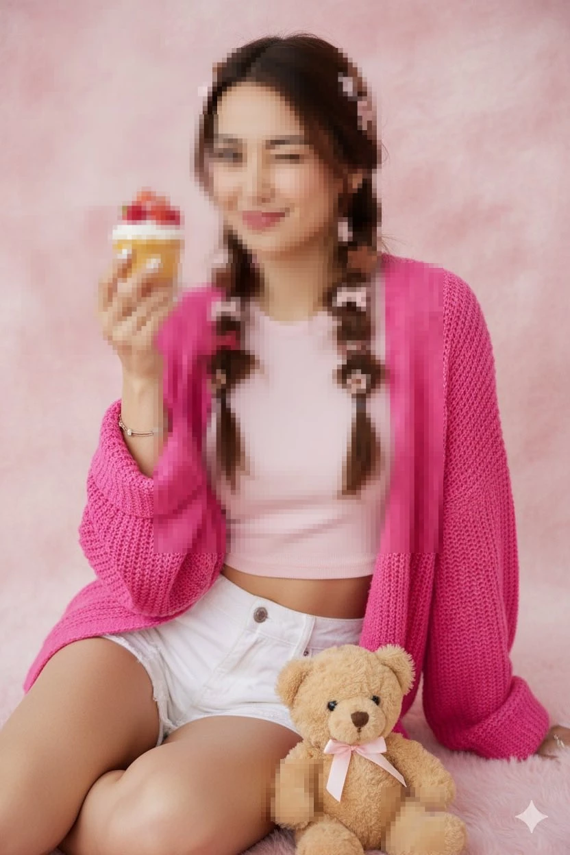 Smiling woman in pink outfit holding cupcake with teddy bear on pink background