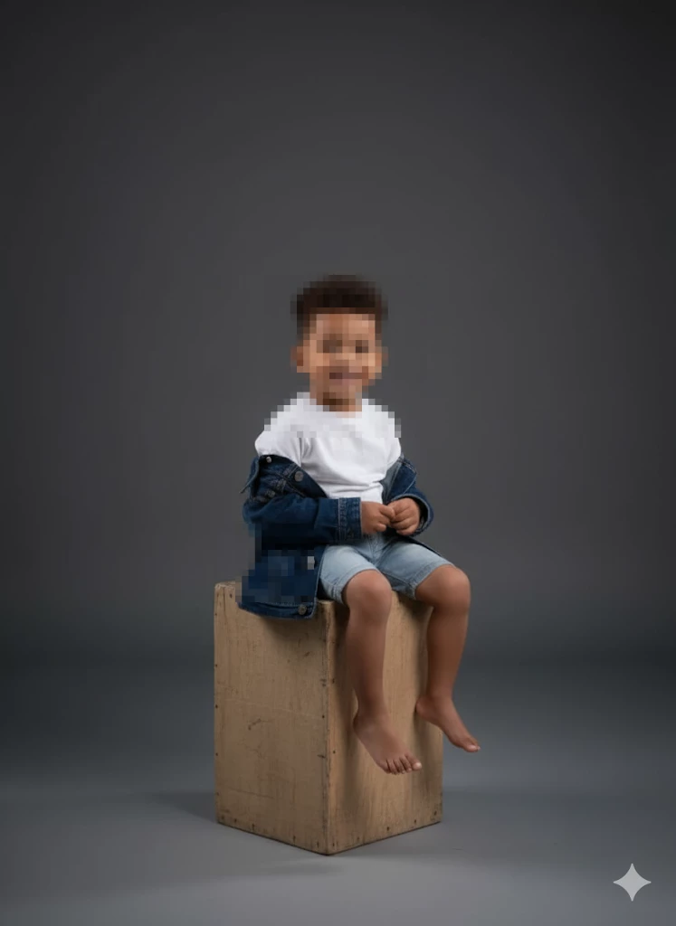 Smiling Young Boy in White T Shirt and Denim Sitting on Wooden Crate in Studio Portrait