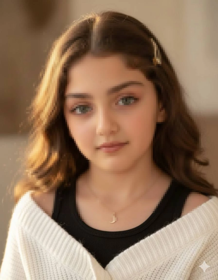 Soft Natural Light Portrait with White Cardigan and Gold Crescent Necklace