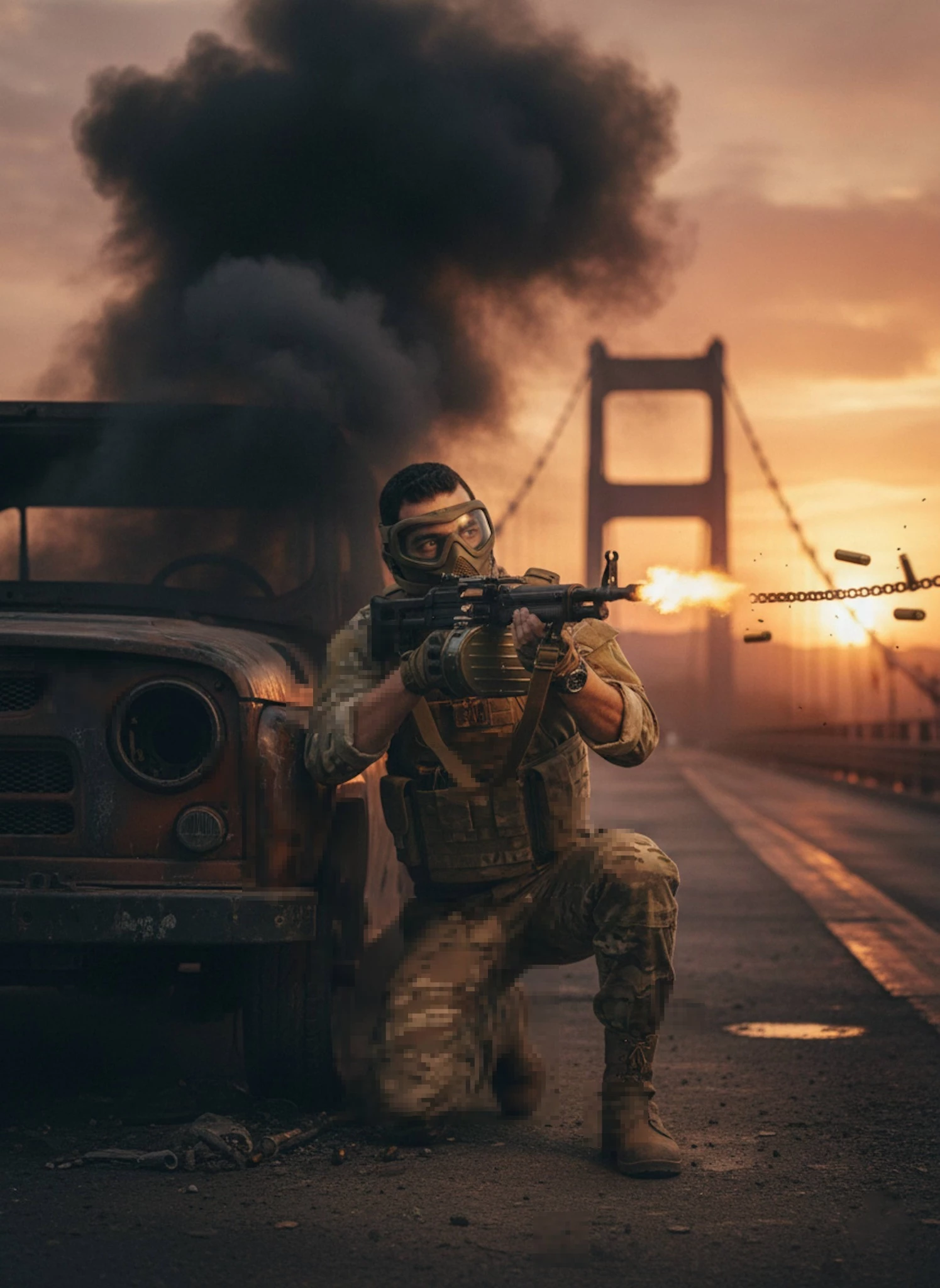 Soldier Firing Rifle on a Burning Bridge at Sunset