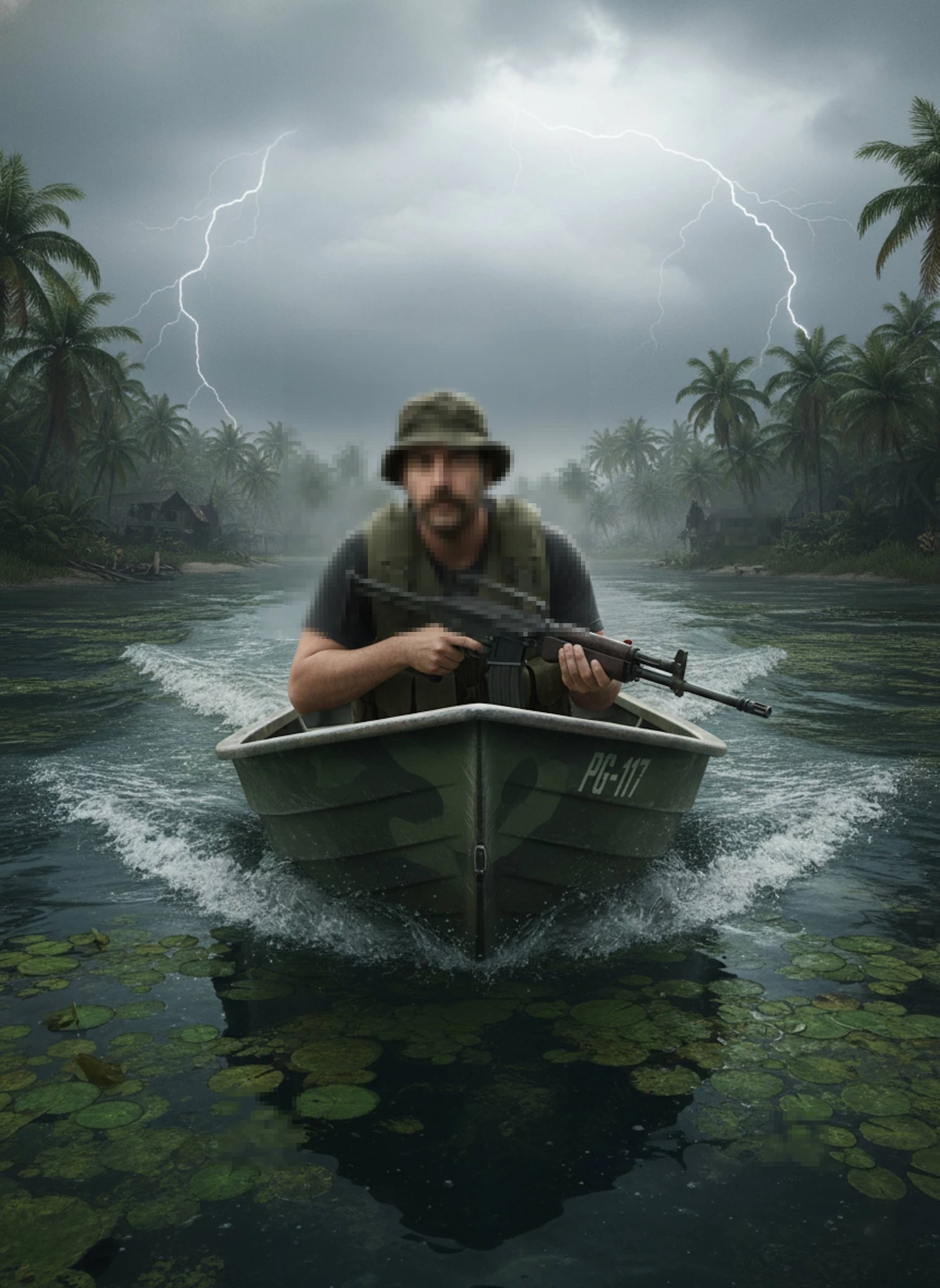 Soldier on River Patrol Boat in Stormy Jungle with Lightning