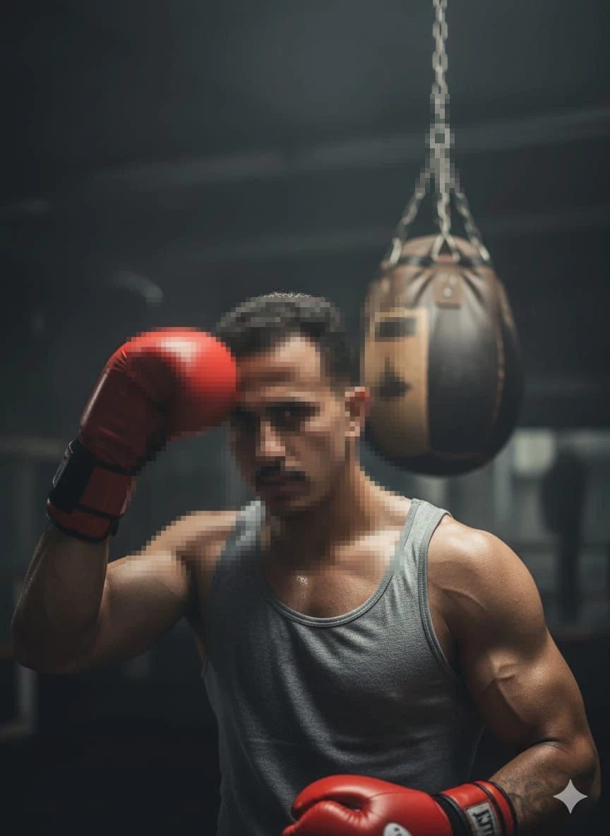 Strong Boxer Training with Red Gloves in a Dimly Lit Gym