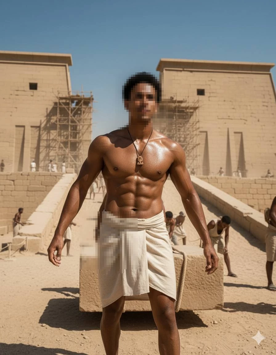 Strong Man in Ancient Egyptian Setting Working Near Temple Construction Site