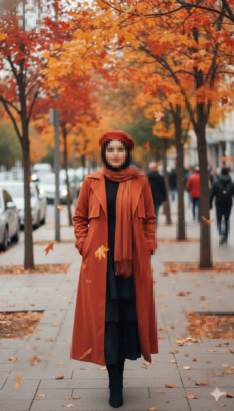 Stylish autumn street portrait of a woman in a rust-orange coat and falling leaves